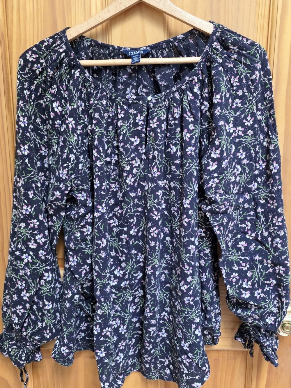 Chaps Black Floral Peasant Blouse with Pink & Green Accents